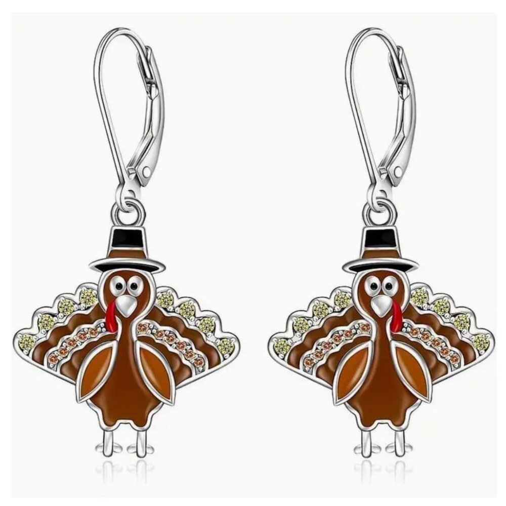 Cute Thanksgiving Turkey Drop Crystal & Enamel Earrings Silver Tone